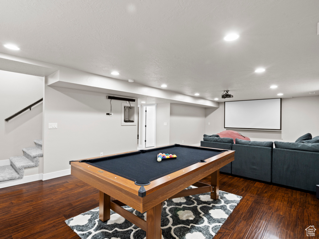 Rec room featuring baseboards, recessed lighting, billiards, and hardwood / wood-style flooring