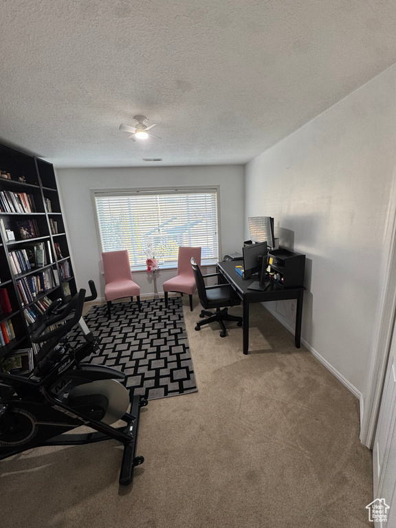 Office space featuring a textured ceiling, ceiling fan, and carpet floors