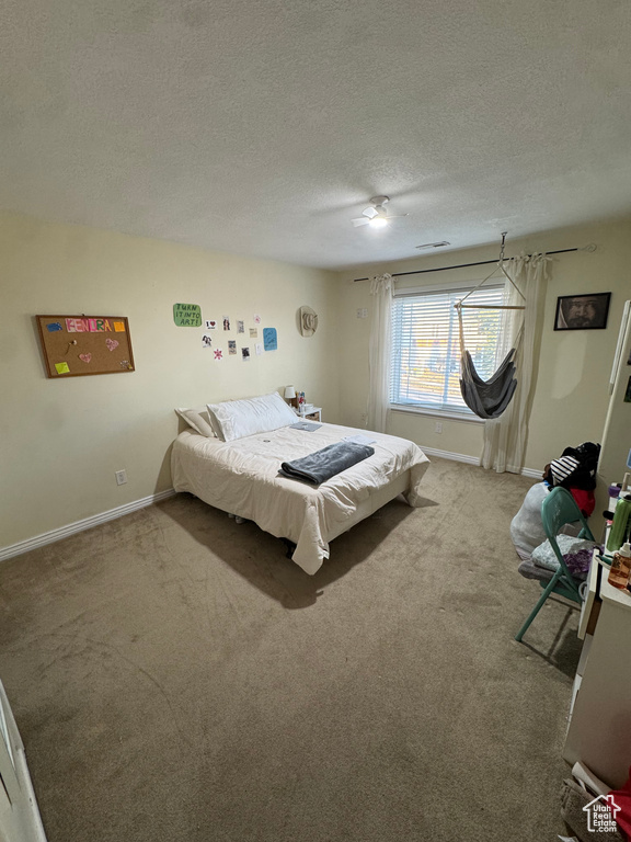 Carpeted bedroom with baseboards and a textured ceiling