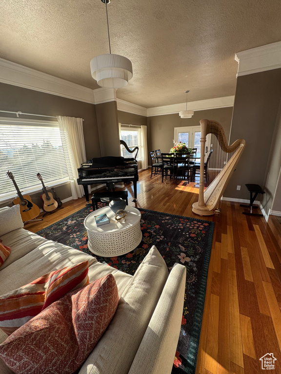 Living room with a textured ceiling, wood finished floors, baseboards, and ornamental molding
