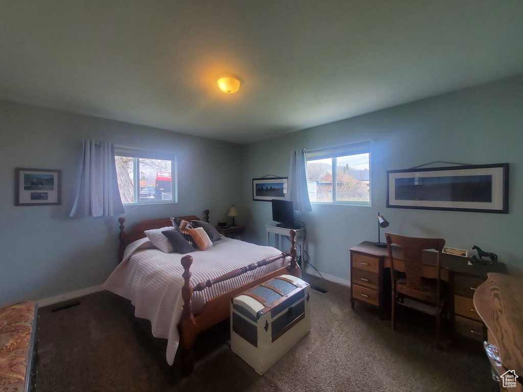 Bedroom featuring baseboards, visible vents, and carpet