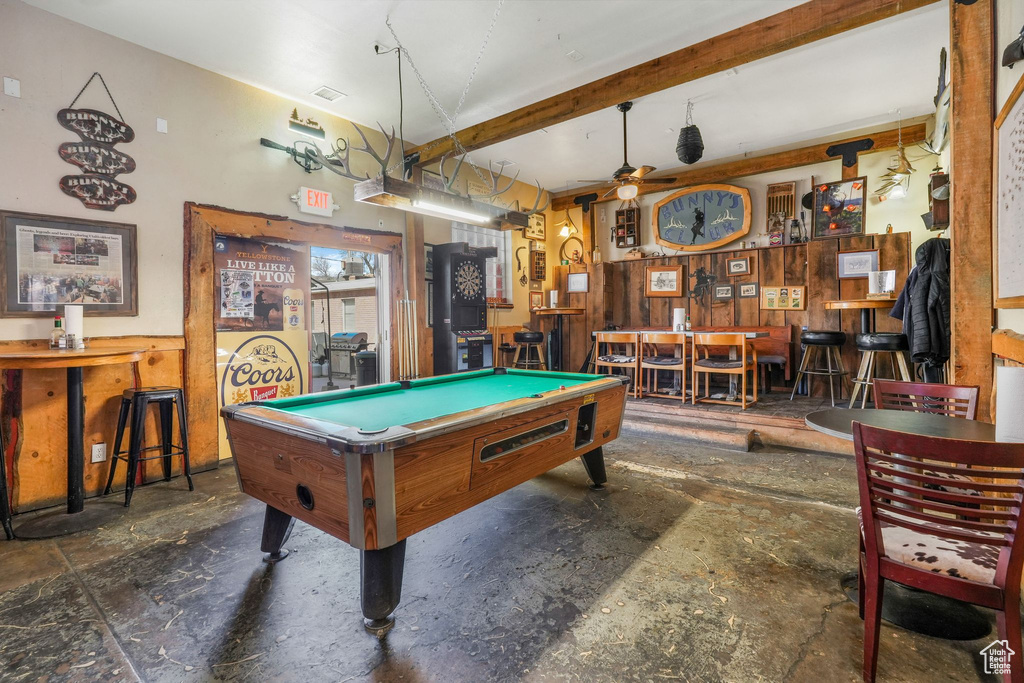 Rec room featuring pool table and a ceiling fan