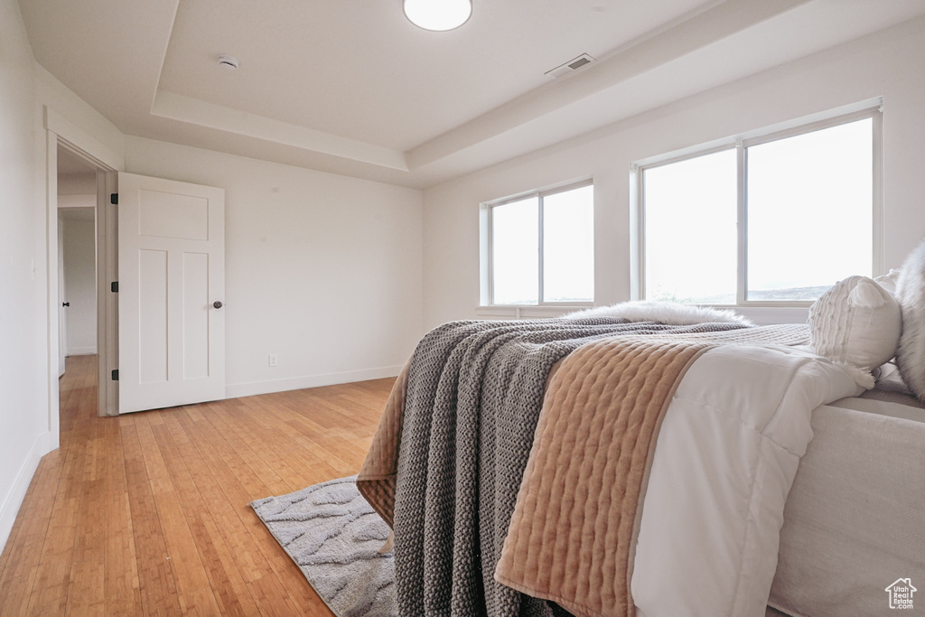 Bedroom featuring a tray ceiling, light wood-style flooring, baseboards, and visible vents