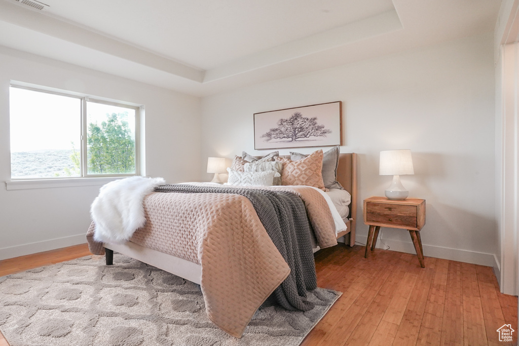 Bedroom featuring baseboards, a raised ceiling, and light wood-type flooring