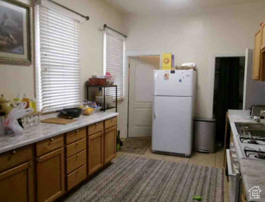 Kitchen with freestanding refrigerator, range, a healthy amount of sunlight, and light countertops