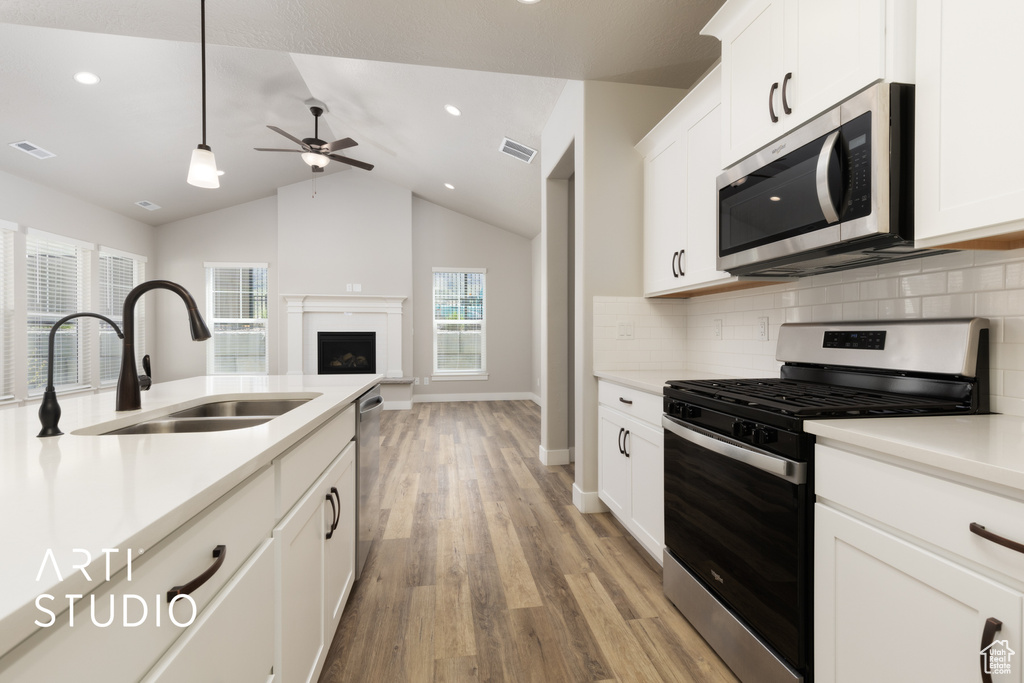 Kitchen featuring a sink, ceiling fan, visible vents, and appliances with stainless steel finishes