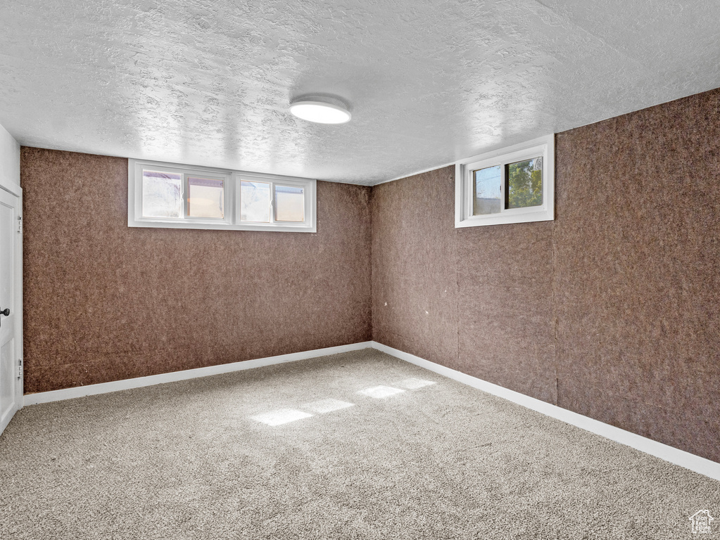 Basement featuring a textured ceiling, plenty of natural light, carpet floors, and baseboards