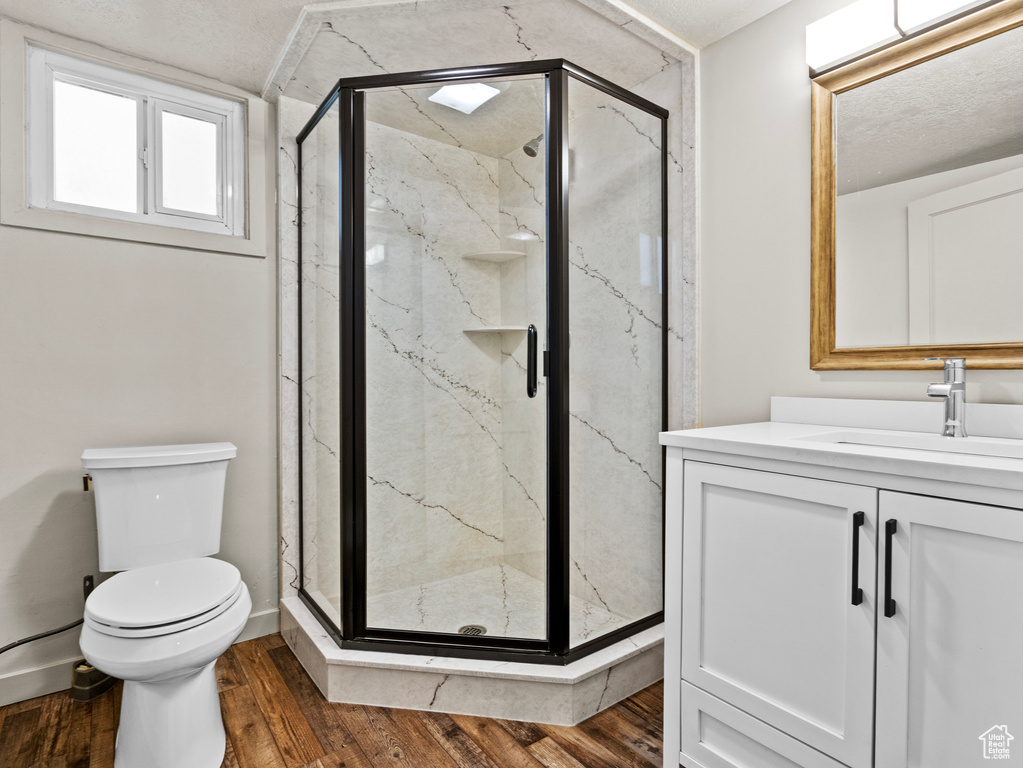 Full bath with wood finished floors, a marble finish shower, toilet, and vanity