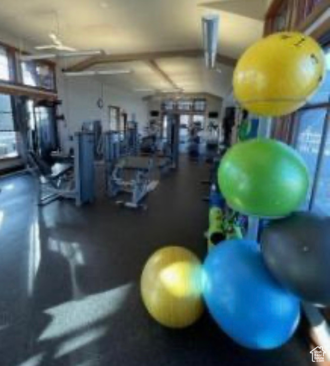 Workout area with a ceiling fan