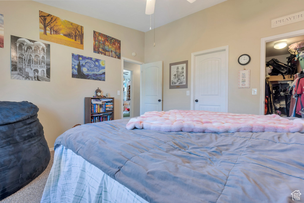 Bedroom featuring a spacious closet, carpet, and a closet