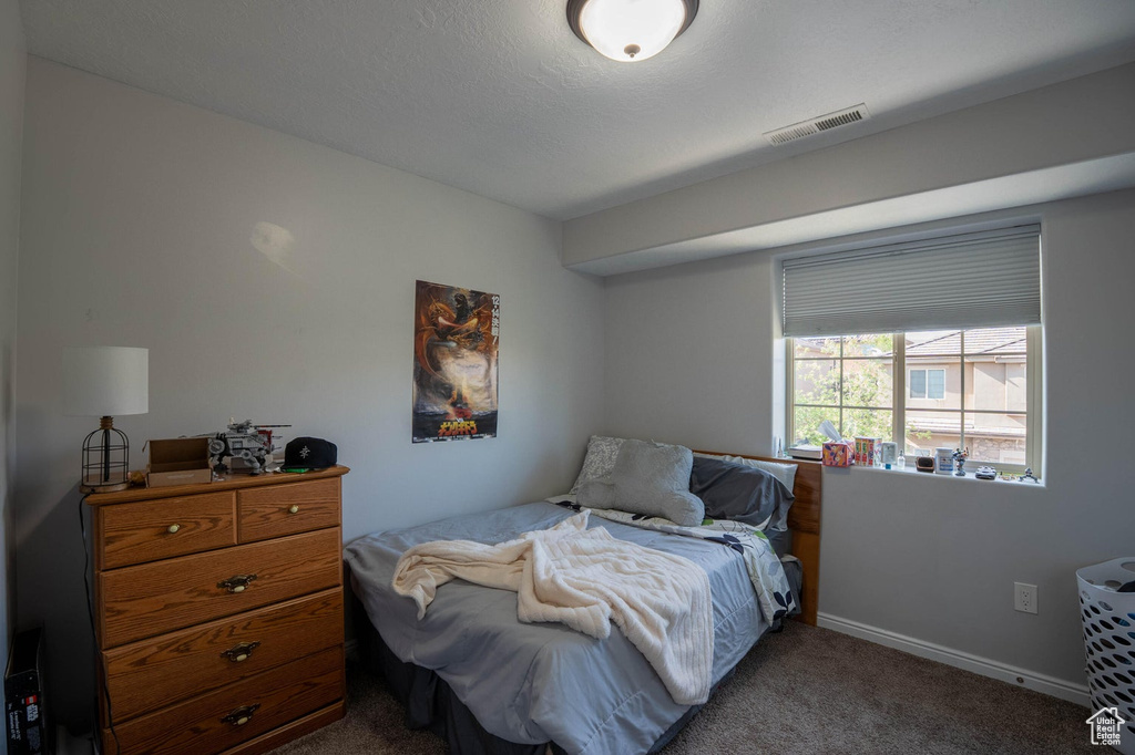 Carpeted bedroom with baseboards and visible vents