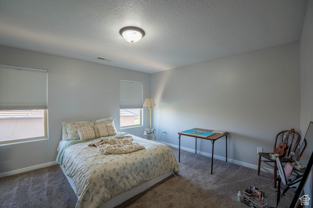 Carpeted bedroom featuring baseboards, visible vents, and a textured ceiling
