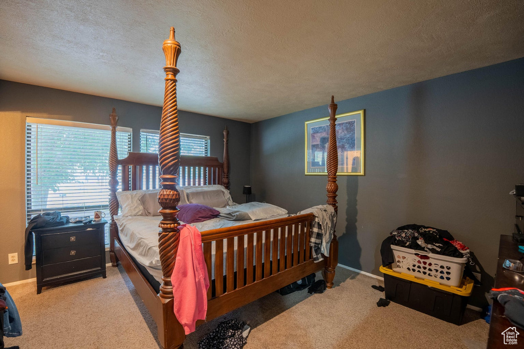 Bedroom featuring a textured ceiling, baseboards, and carpet floors