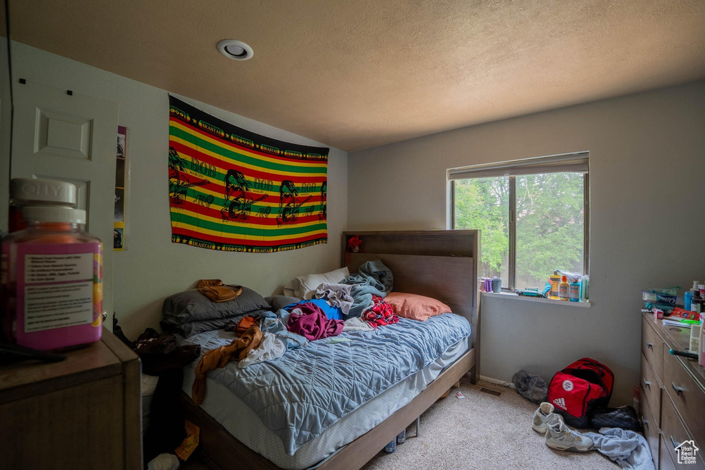 Bedroom with carpet flooring and a textured ceiling