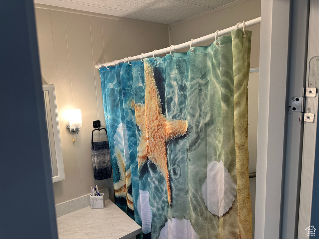 Bathroom with a shower with shower curtain and a decorative wall