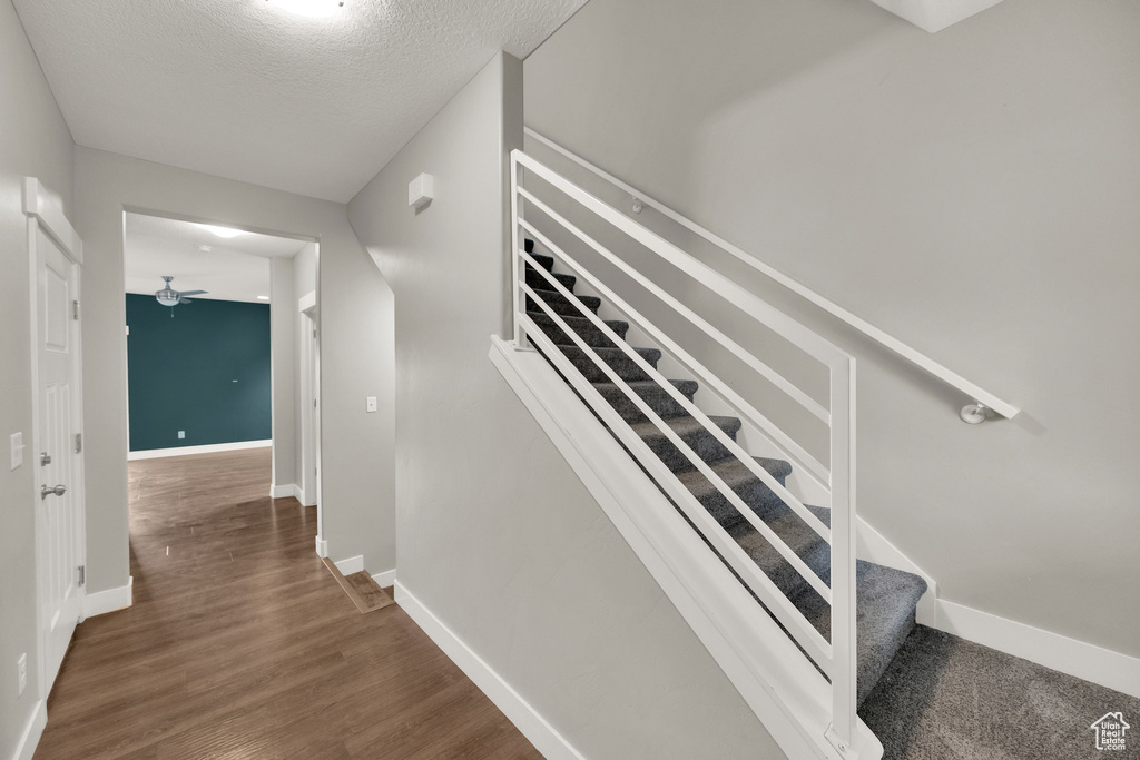 Staircase with wood finished floors, baseboards, ceiling fan, and a textured ceiling