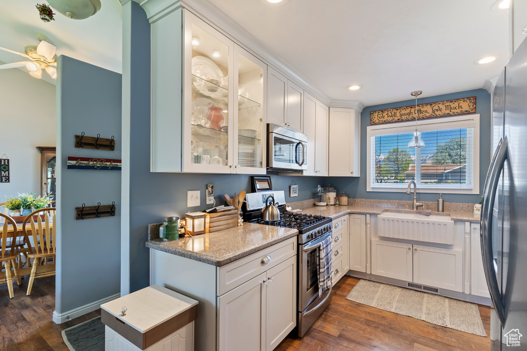 Kitchen featuring dark wood-style flooring, stainless steel appliances, white cabinets, and a sink