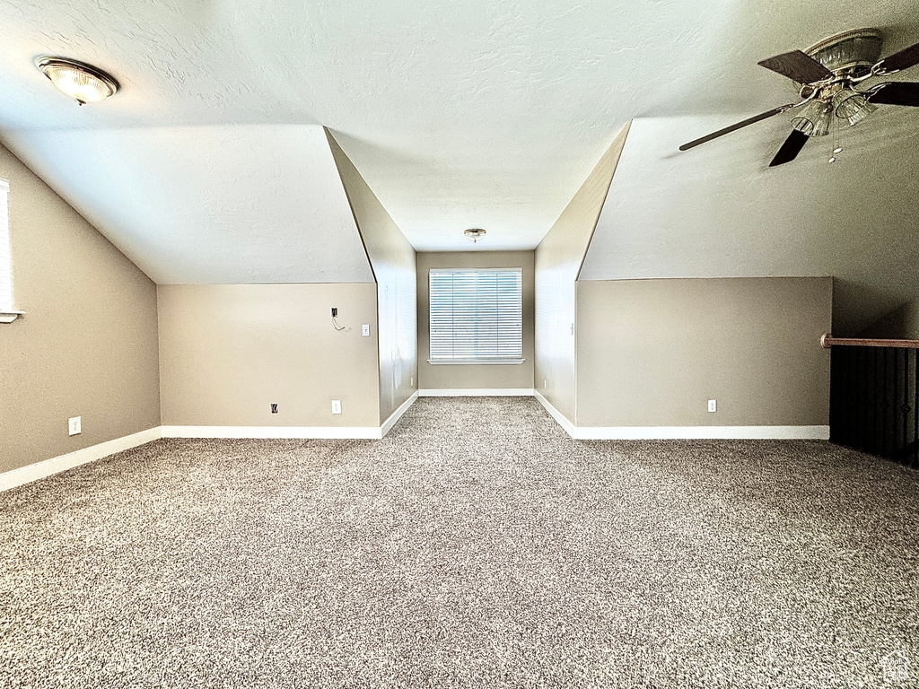 Additional living space featuring ceiling fan, carpet flooring, and baseboards