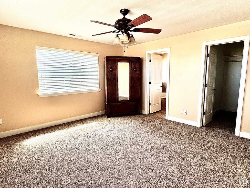 Unfurnished bedroom featuring carpet flooring, a walk in closet, visible vents, baseboards, and ceiling fan