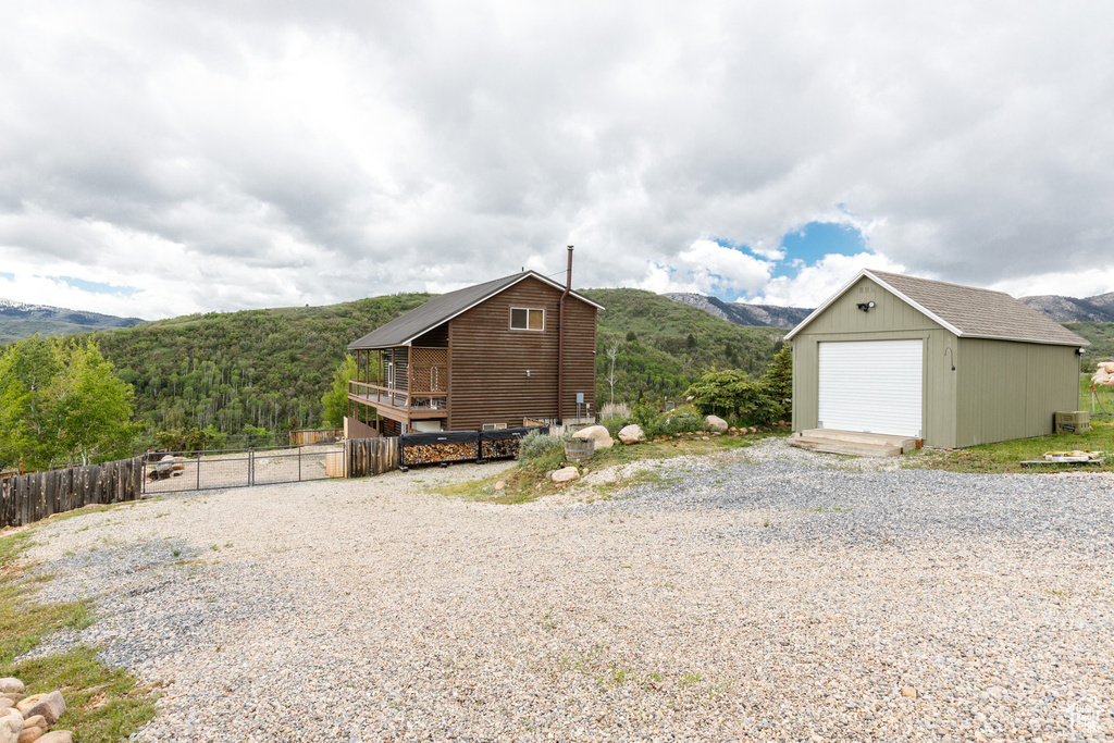 View of shed featuring a mountain view