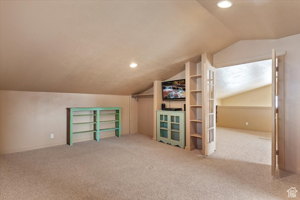 Additional living space with lofted ceiling, a textured ceiling, and carpet floors