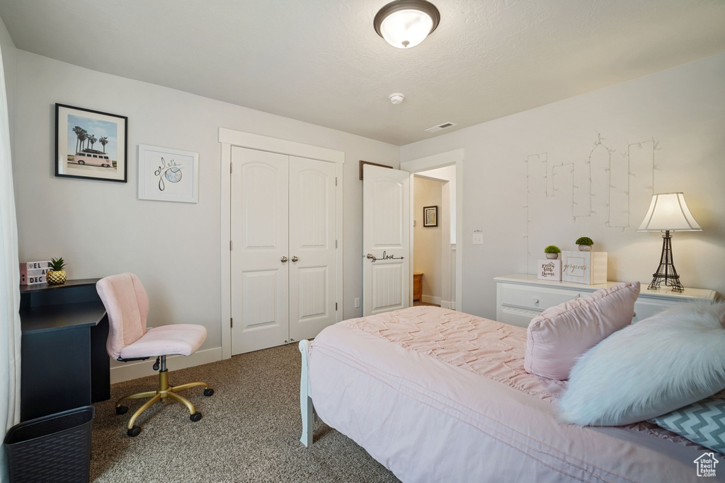 Carpeted bedroom with a closet, baseboards, and visible vents
