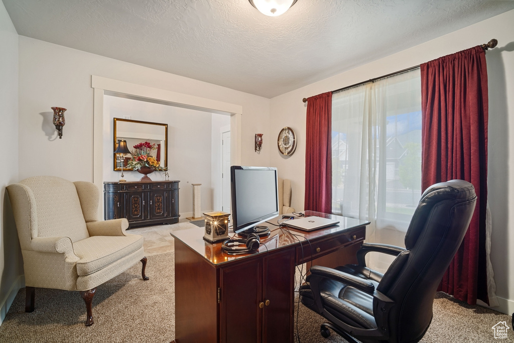 Home office featuring baseboards, a textured ceiling, and light colored carpet