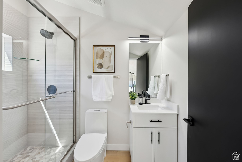 Full bathroom featuring toilet, lofted ceiling, vanity, visible vents, and a shower stall