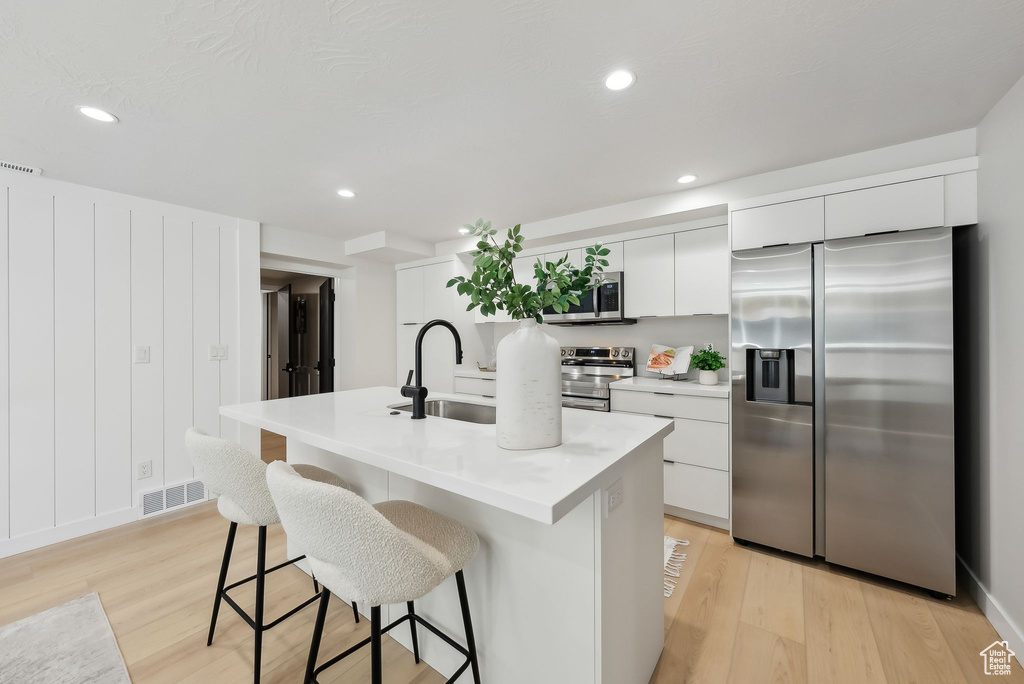 Kitchen featuring modern cabinets, appliances with stainless steel finishes, a sink, and visible vents