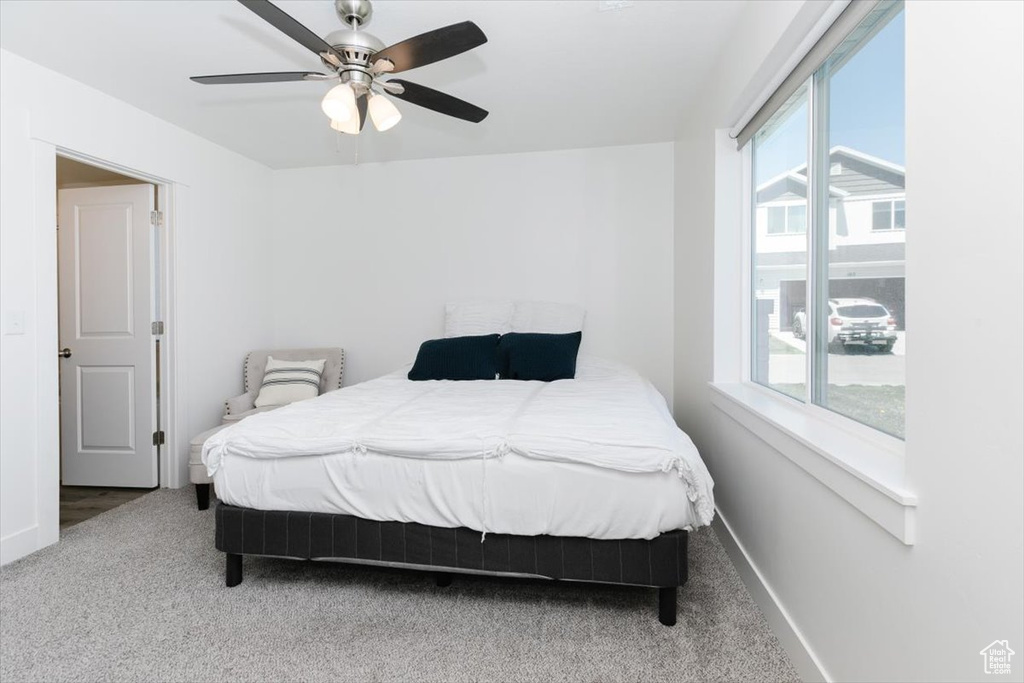 Carpeted bedroom with baseboards, multiple windows, and a ceiling fan