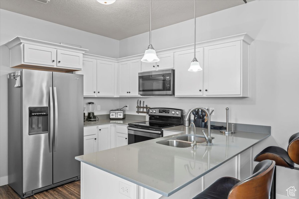 Kitchen featuring a sink, a peninsula, stainless steel appliances, white cabinetry, and dark wood-style floors