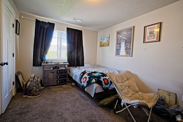 Carpeted bedroom featuring a textured ceiling and visible vents