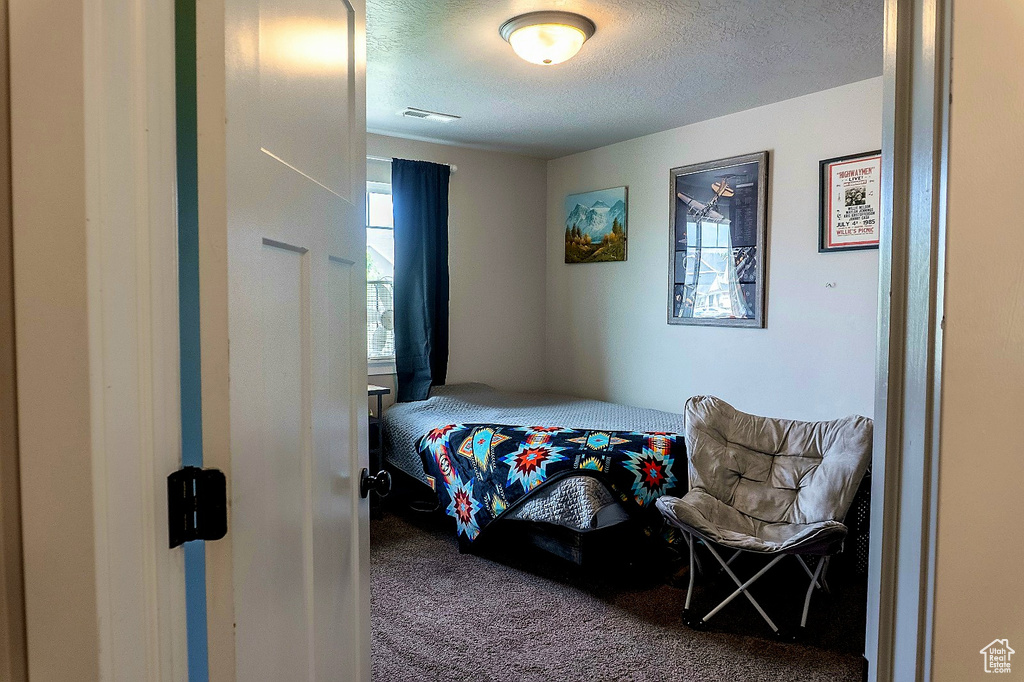 Bedroom with carpet floors and a textured ceiling