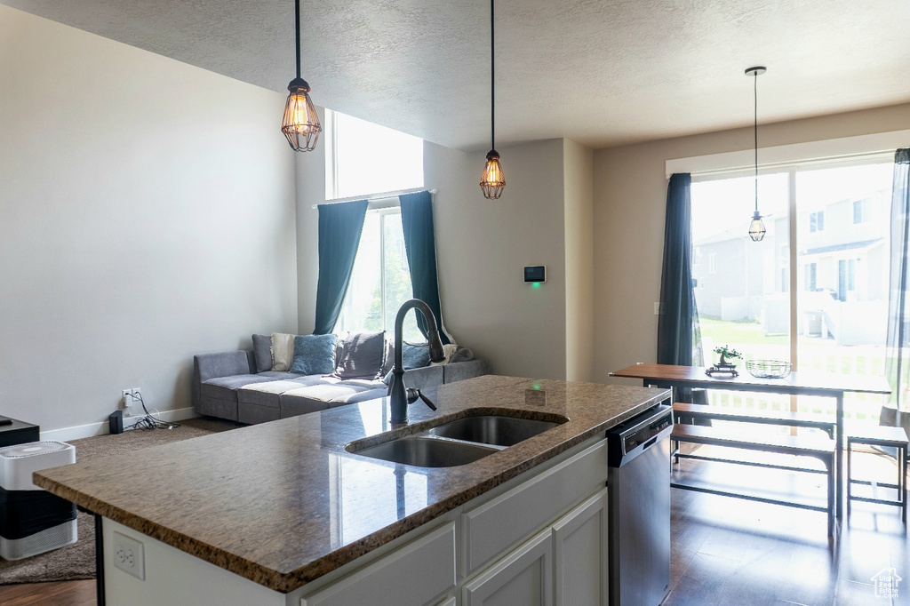 Kitchen featuring stainless steel dishwasher, a textured ceiling, a kitchen island with sink, decorative light fixtures, and open floor plan