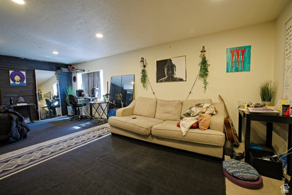 Carpeted living area featuring recessed lighting and a textured ceiling
