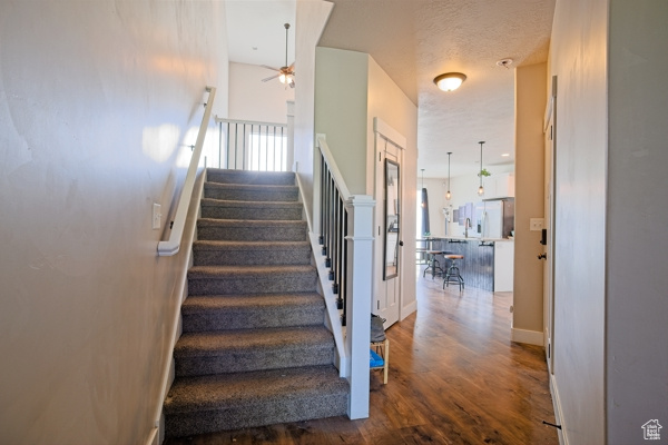 Stairs featuring baseboards, a ceiling fan, and wood finished floors
