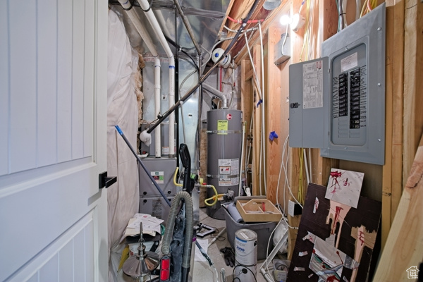 Utility room with secured water heater and electric panel