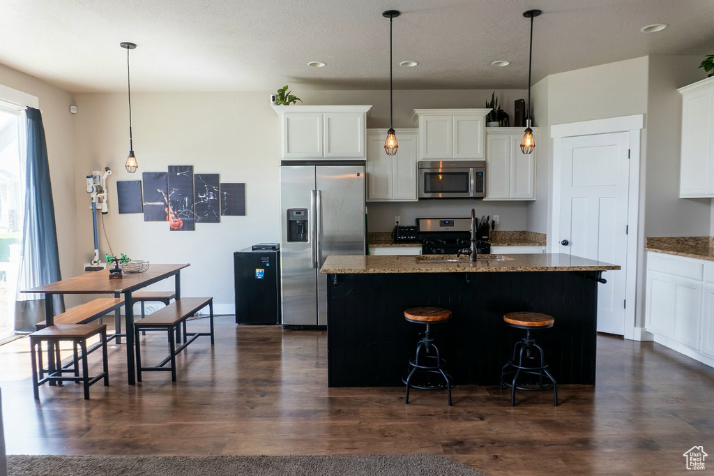 Kitchen featuring stainless steel appliances, recessed lighting, dark wood-style floors, a center island with sink, and light stone counters
