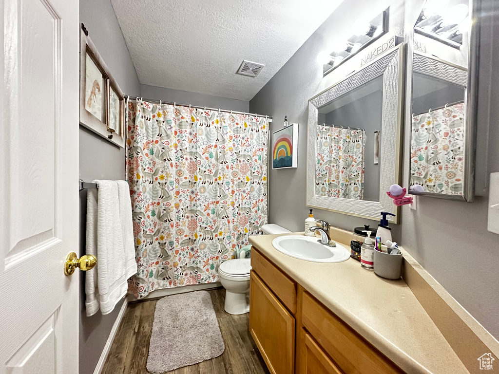 Bathroom featuring toilet, wood finished floors, a textured ceiling, baseboards, and vanity