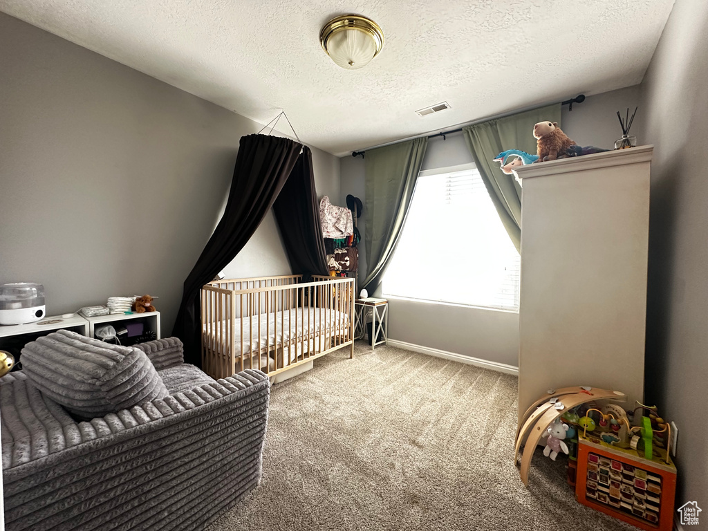 Bedroom with a textured ceiling, a nursery area, visible vents, carpet floors, and baseboards
