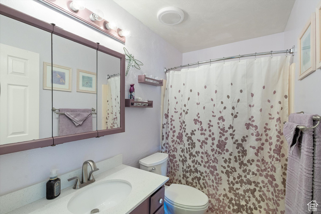 Full bathroom with toilet, vanity, and a shower with curtain