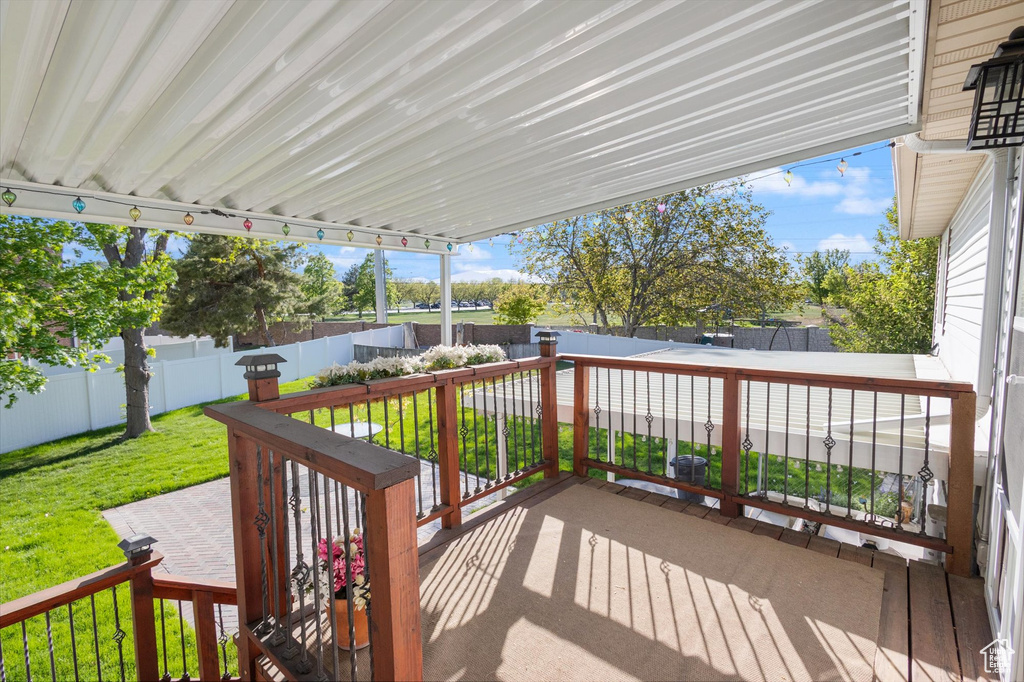 Wooden deck featuring a lawn and a fenced backyard
