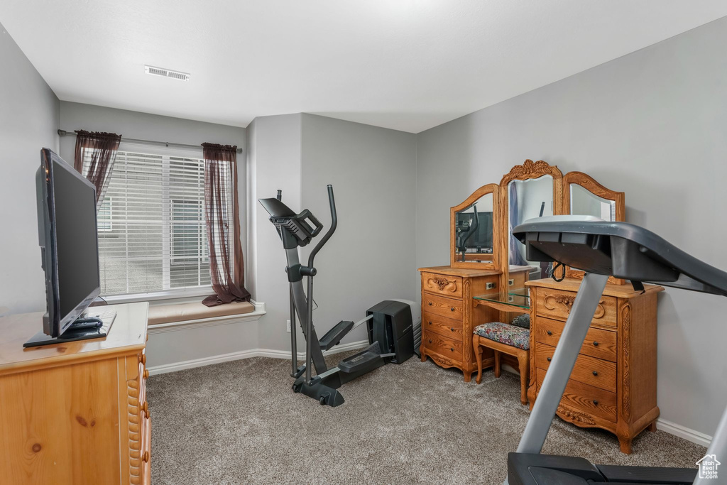 Exercise area featuring baseboards, carpet flooring, and visible vents