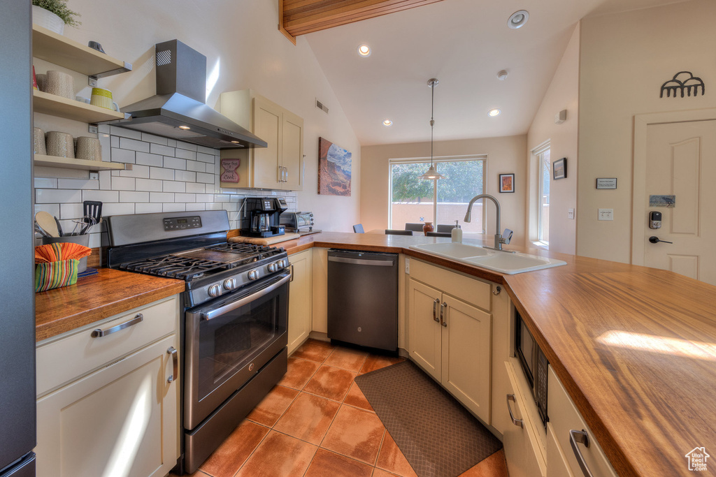 Kitchen featuring a sink, wood counters, island range hood, backsplash, and stainless steel appliances