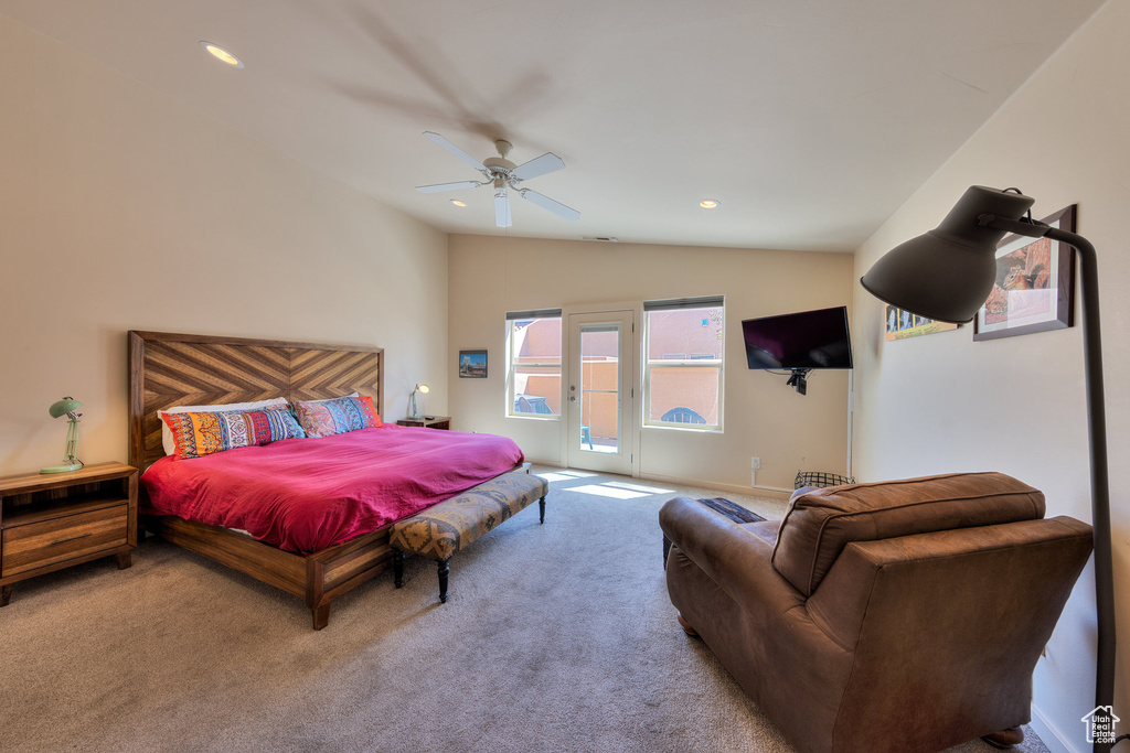 Carpeted bedroom featuring a ceiling fan, access to exterior, baseboards, vaulted ceiling, and recessed lighting