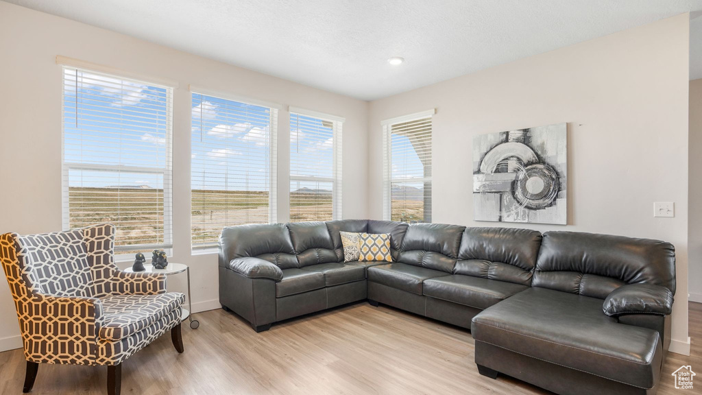 Living area featuring light wood-type flooring, recessed lighting, and baseboards