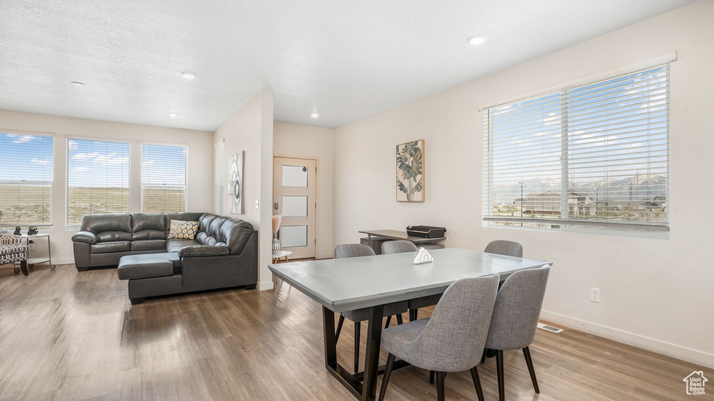 Dining area featuring baseboards, plenty of natural light, and wood finished floors
