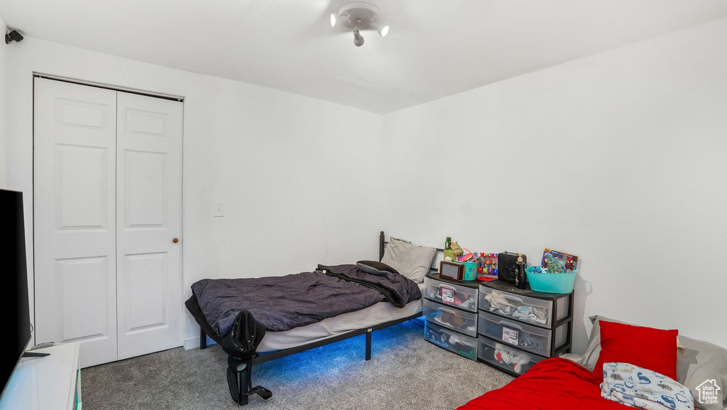 Carpeted bedroom featuring a closet