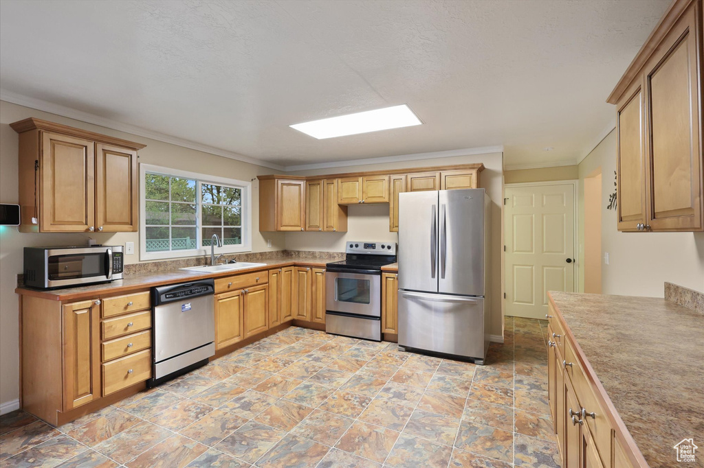 Kitchen with ornamental molding, stone finish flooring, a sink, appliances with stainless steel finishes, and a skylight