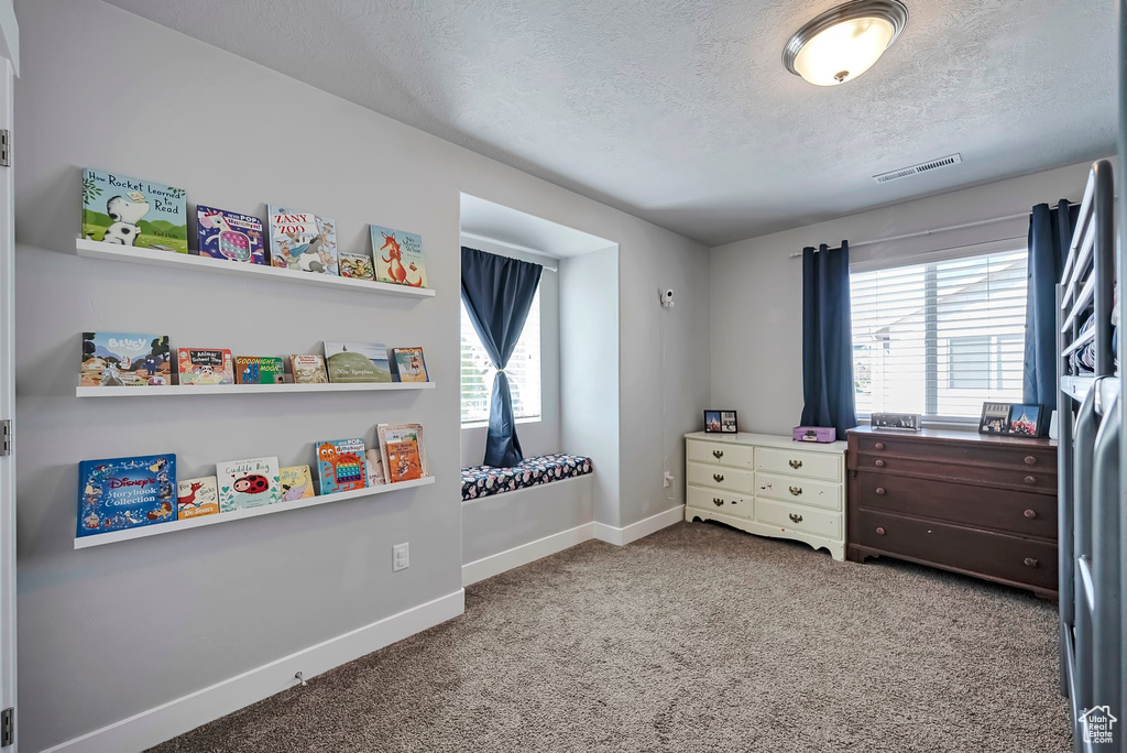 Carpeted bedroom with a textured ceiling, visible vents, and baseboards